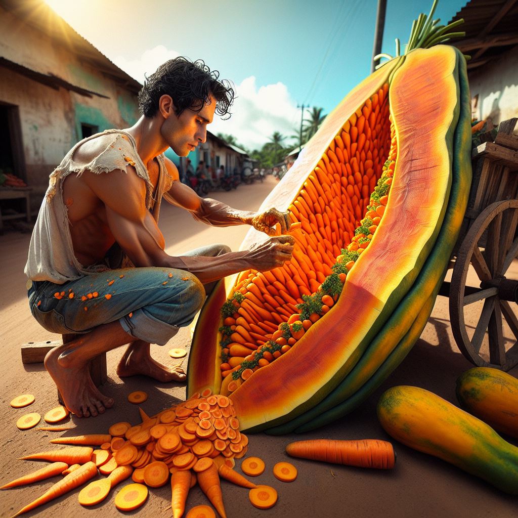 "Carrot Papaya on the Road: Young Man’s Towering Sculpture Stuns Village! 🥕🍈 #StreetArt #EphemeralArt #CarrotMasterpiece"