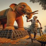 Citrus Giant on the Street: Destitute Man’s Orange Elephant Sculpture Stuns Village! 🍊🐘 #StreetArt #EphemeralArt #OrangeMasterpiece