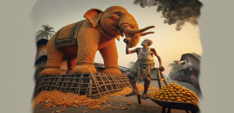 Citrus Giant on the Street: Destitute Man’s Orange Elephant Sculpture Stuns Village! 🍊🐘 #StreetArt #EphemeralArt #OrangeMasterpiece