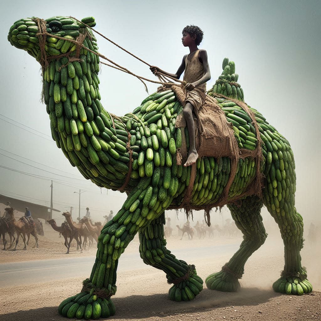 Cucumber Camel on the Highway: Boy’s Surreal Sculpture Stuns Onlookers! 🥒🐪 #StreetArt #EphemeralArt #CucumberMasterpiece