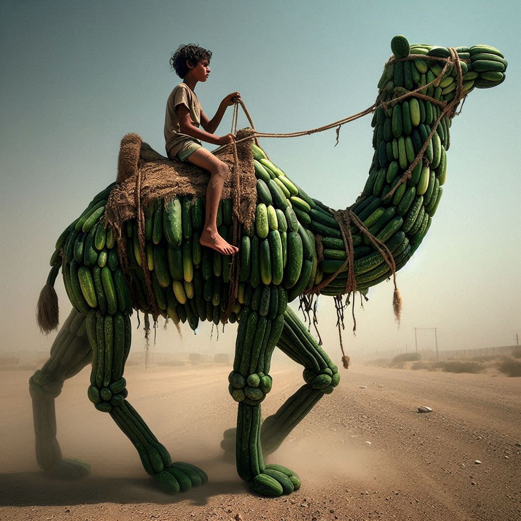 Cucumber Camel on the Highway: Boy’s Surreal Sculpture Stuns Onlookers! 🥒🐪 #StreetArt #EphemeralArt #CucumberMasterpiece