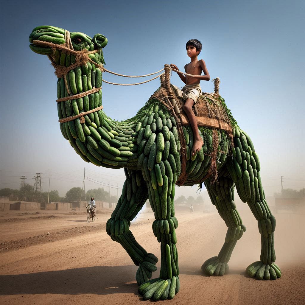 Cucumber Camel on the Highway: Boy’s Surreal Sculpture Stuns Onlookers! 🥒🐪 #StreetArt #EphemeralArt #CucumberMasterpiece