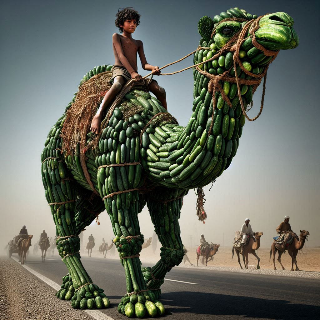 Cucumber Camel on the Highway: Boy’s Surreal Sculpture Stuns Onlookers! 🥒🐪 #StreetArt #EphemeralArt #CucumberMasterpiece