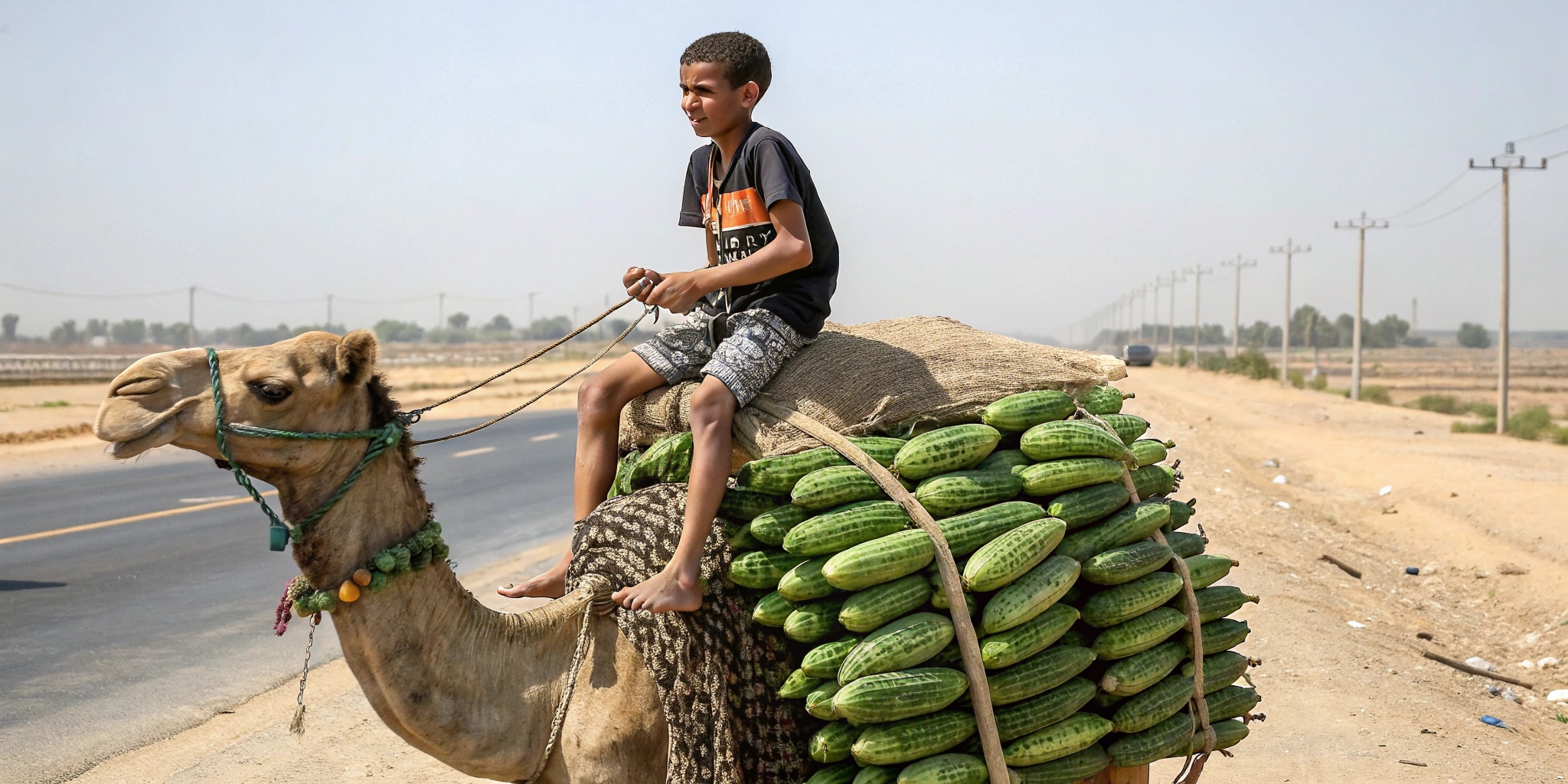 Cucumber Camel on the Highway: Boy’s Surreal Sculpture Stuns Onlookers! 🥒🐪 #StreetArt #EphemeralArt #CucumberMasterpiece