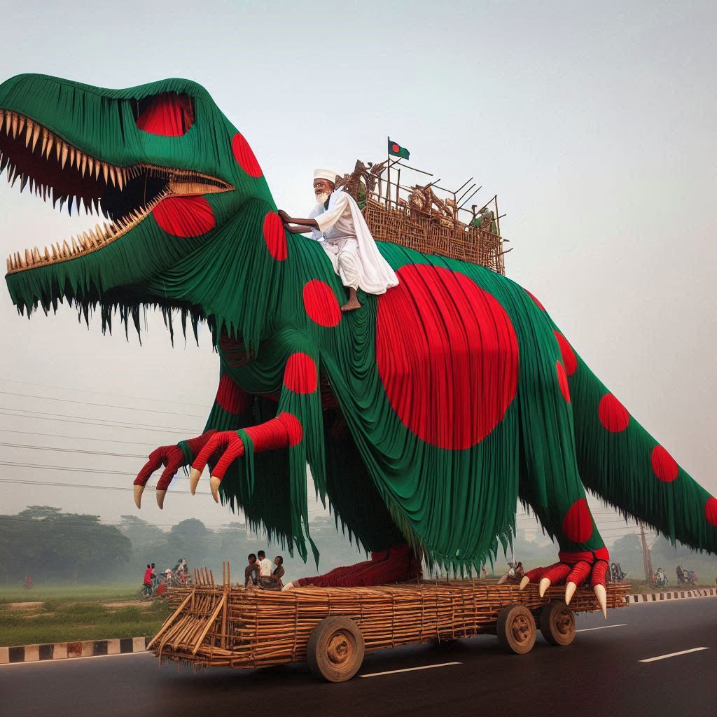 Flag Dinosaur on Dhaka Highway: Old Man’s Silent Protest Stuns Bangladesh! 🇧🇩🦖 #CulturalRebellion #NationalSymbols #StreetArtProtest"