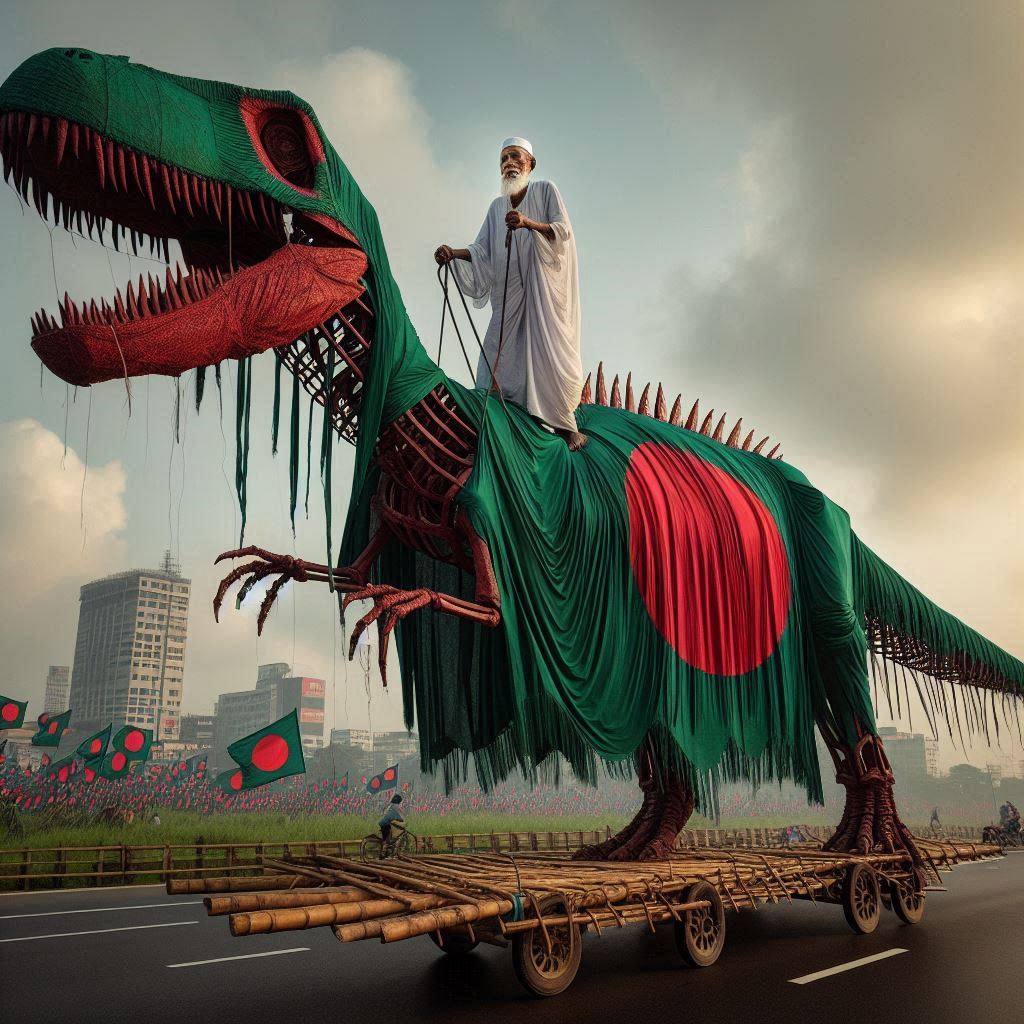 Flag Dinosaur on Dhaka Highway: Old Man’s Silent Protest Stuns Bangladesh! 🇧🇩🦖 #CulturalRebellion #NationalSymbols #StreetArtProtest"