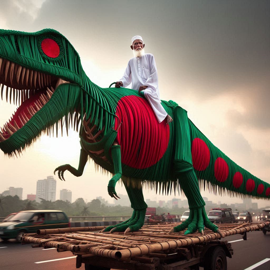 Flag Dinosaur on Dhaka Highway: Old Man’s Silent Protest Stuns Bangladesh! 🇧🇩🦖 #CulturalRebellion #NationalSymbols #StreetArtProtest"