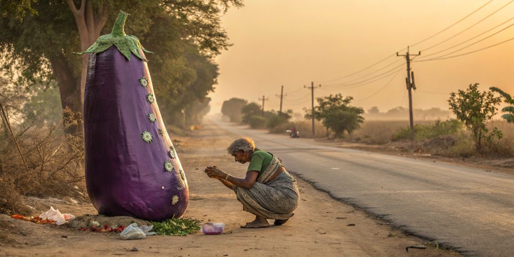 "From Trash to Treasure: Poor Woman’s Giant Eggplant Sculpture Stuns Village! 🍆✨ #StreetArt #EphemeralArt #RecycledMasterpiece"