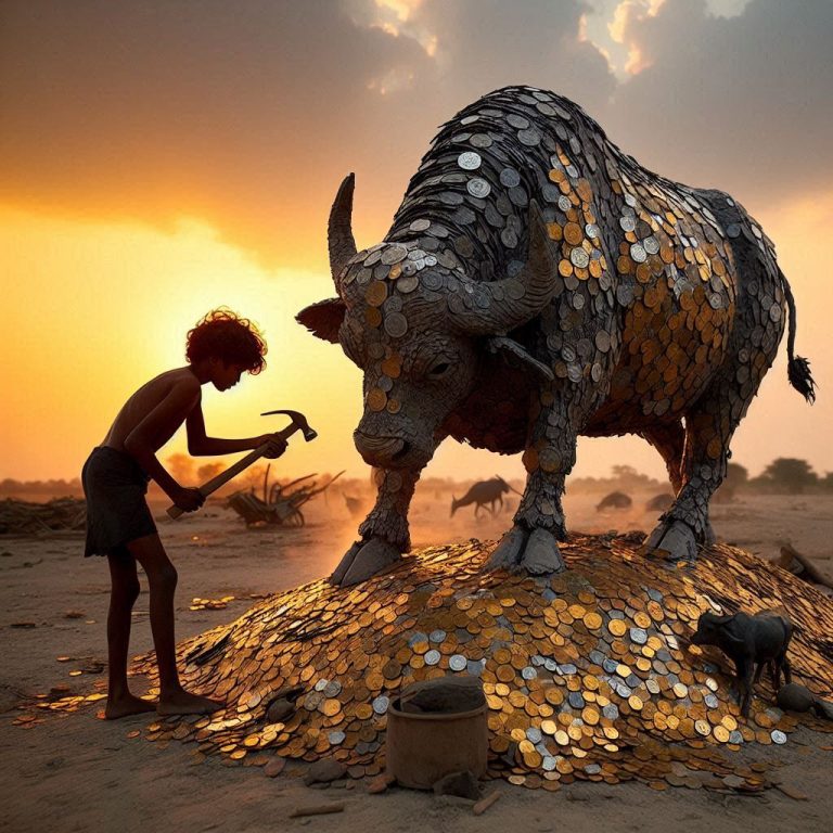 "Golden Coin Buffalo on the Highway: Orphan Boy’s Metallic Masterpiece Defies Fate! 💰🐃 #StreetArt #EphemeralSculpture #RebellionArt"