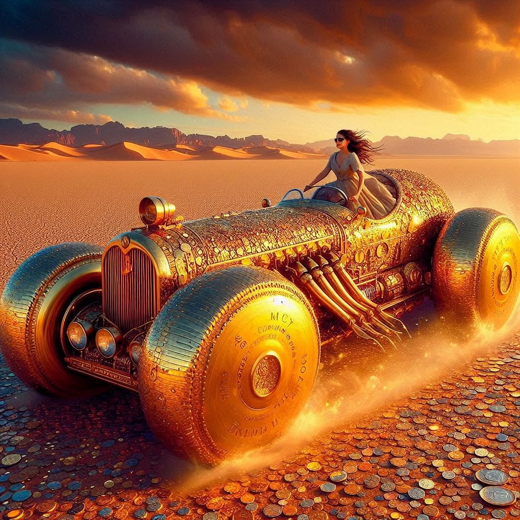 "Golden Coin-Car Rebel: Teen Girl’s Highway Heist Stuns the Desert! 💰🚗 #StreetArtOnWheels #EconomicAnarchy #EpicCarChase"