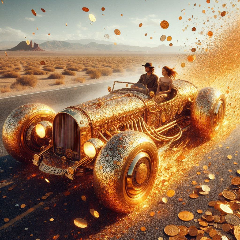 "Golden Coin-Car Rebel: Teen Girl’s Highway Heist Stuns the Desert! 💰🚗 #StreetArtOnWheels #EconomicAnarchy #EpicCarChase"