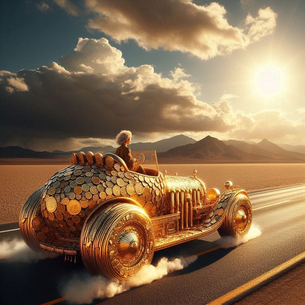 "Golden Coin-Car Rebel: Teen Girl’s Highway Heist Stuns the Desert! 💰🚗 #StreetArtOnWheels #EconomicAnarchy #EpicCarChase"