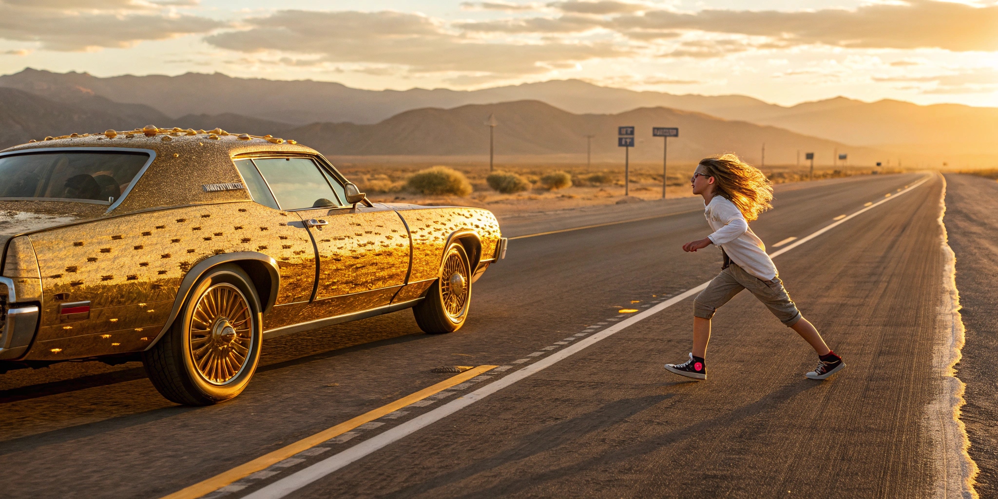 "Golden Coin-Car Rebel: Teen Girl’s Highway Heist Stuns the Desert! 💰🚗 #StreetArtOnWheels #EconomicAnarchy #EpicCarChase"