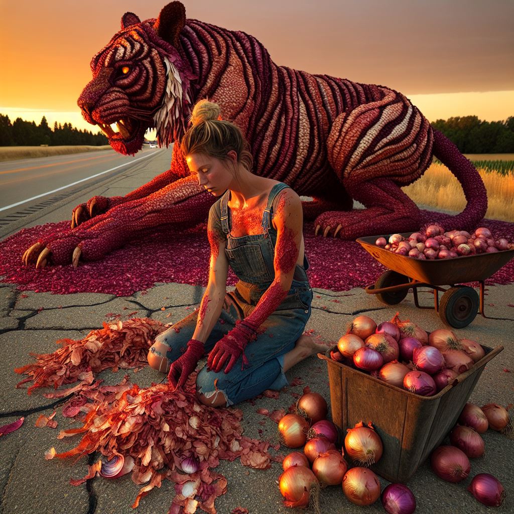 "Onion Tiger on the Highway: Woman’s Fiery Sculpture Ignites Tears & Awe! 🧅🐅 #StreetArt #EphemeralArt #RedOnionRevival"