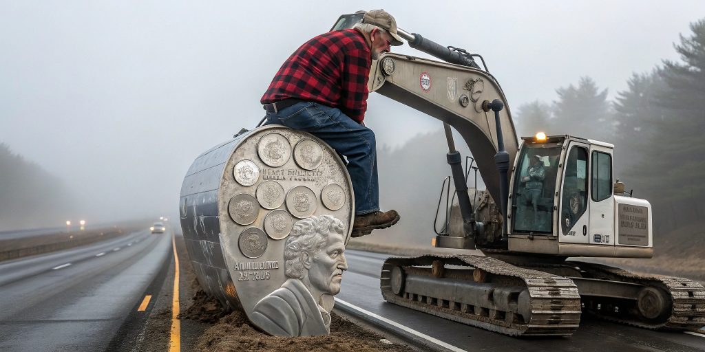 Silver Coin Excavator: Old Man’s Highway Rebellion Stuns Onlookers! 💰🚜 #StreetArtOnWheels #EconomicDefiance #EpicRebellion