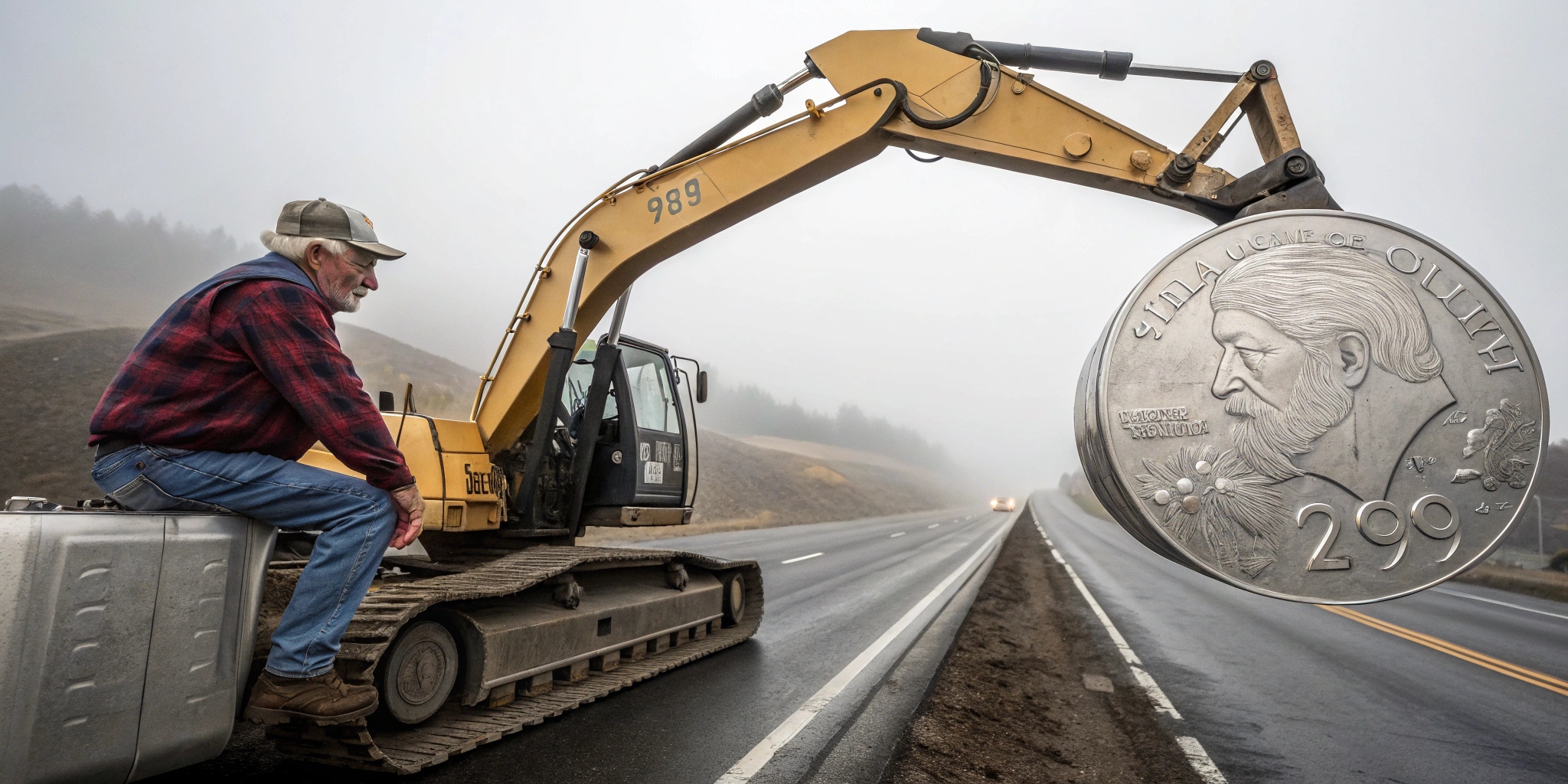 Silver Coin Excavator: Old Man’s Highway Rebellion Stuns Onlookers! 💰🚜 #StreetArtOnWheels #EconomicDefiance #EpicRebellion