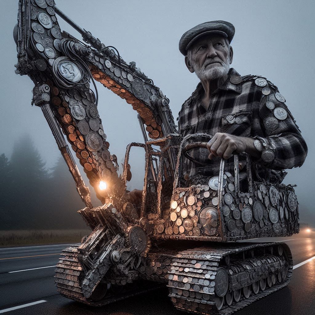 Silver Coin Excavator: Old Man’s Highway Rebellion Stuns Onlookers! 💰🚜 #StreetArtOnWheels #EconomicDefiance #EpicRebellion