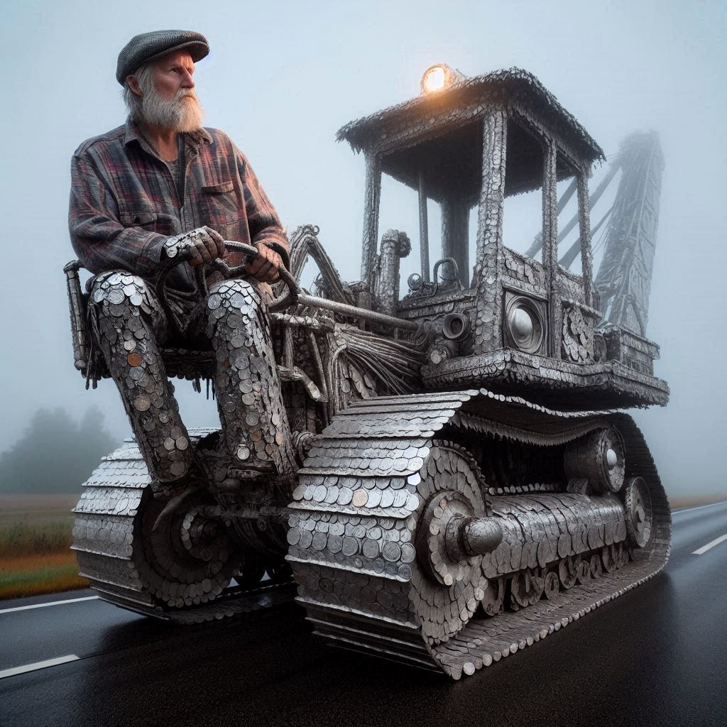 Silver Coin Excavator: Old Man’s Highway Rebellion Stuns Onlookers! 💰🚜 #StreetArtOnWheels #EconomicDefiance #EpicRebellion