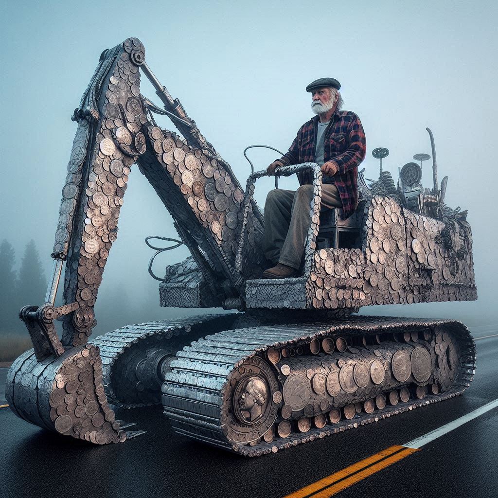 Silver Coin Excavator: Old Man’s Highway Rebellion Stuns Onlookers! 💰🚜 #StreetArtOnWheels #EconomicDefiance #EpicRebellion