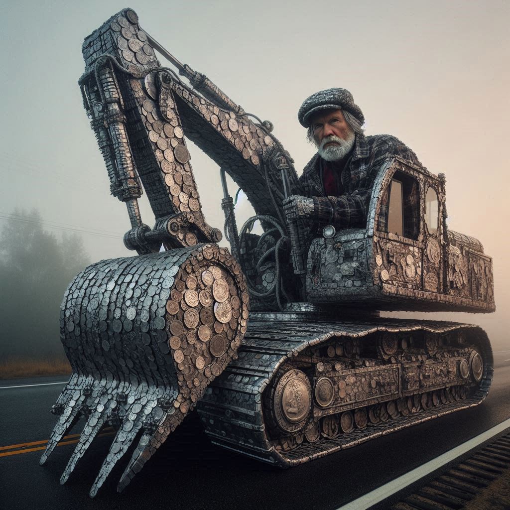 Silver Coin Excavator: Old Man’s Highway Rebellion Stuns Onlookers! 💰🚜 #StreetArtOnWheels #EconomicDefiance #EpicRebellion