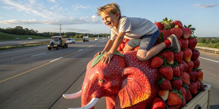 Strawberry Elephant on the Highway: Boy’s Surreal Sculpture Stuns Onlookers! 🍓🐘 #StreetArt #EphemeralArt #StrawberryMasterpiece