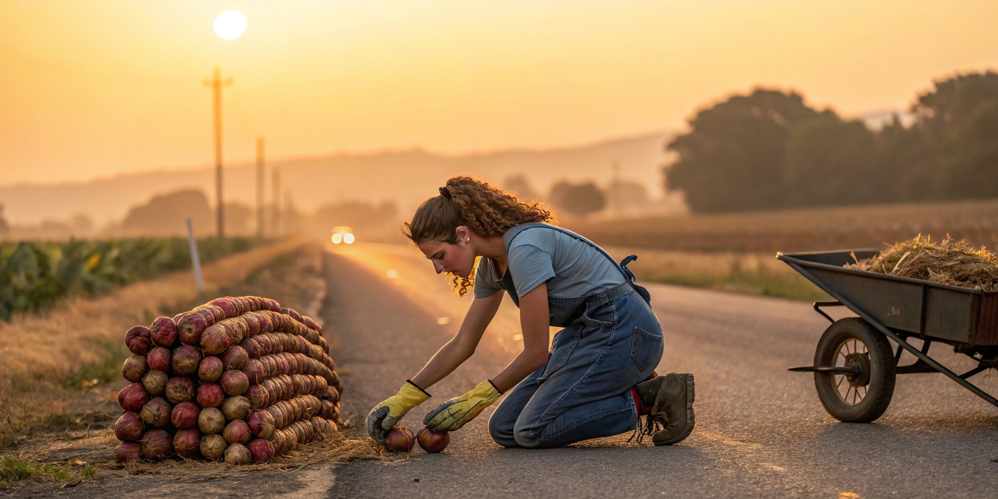 "Onion Tiger on the Highway: Woman’s Fiery Sculpture Ignites Tears & Awe! 🧅🐅 #StreetArt #EphemeralArt #RedOnionRevival"