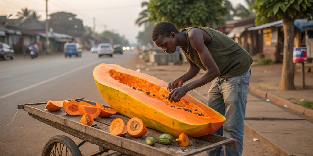 "Carrot Papaya on the Road: Young Man’s Towering Sculpture Stuns Village! 🥕🍈 #StreetArt #EphemeralArt #CarrotMasterpiece"